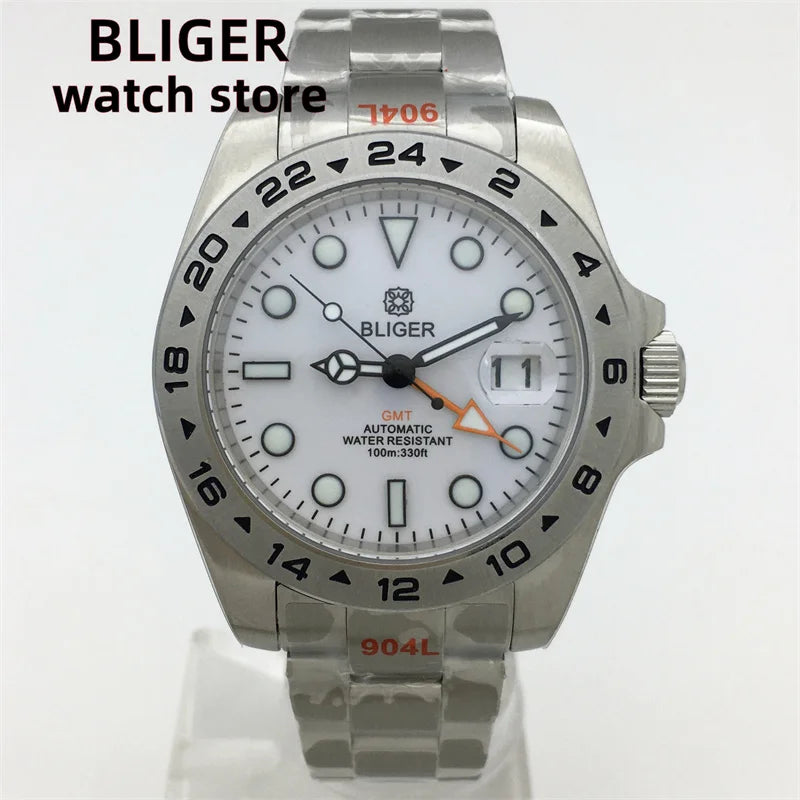 BLIGER 40mm/43mm Japan NH34 GMT Men's mechanical watch green luminous white dial sapphire glass stainless steel strap