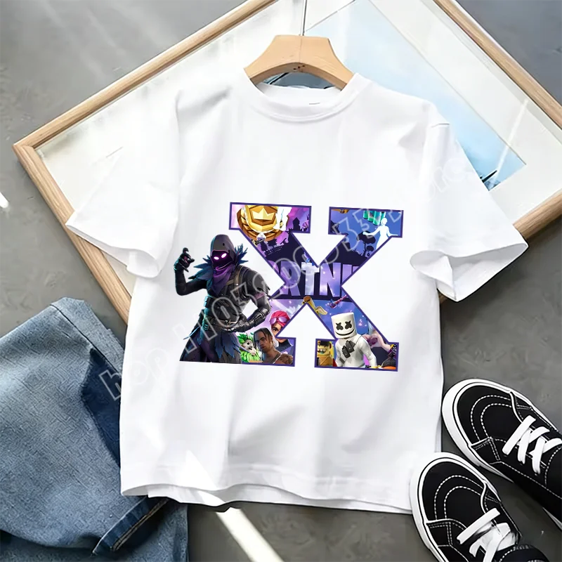 T-shirt Infantil Branco Fortnite com Estampado Alfabeto A-Z — Roupa de Verão, Jogo de Desenhos Animados Popular, Manga Curta Casual, Presente de Moda