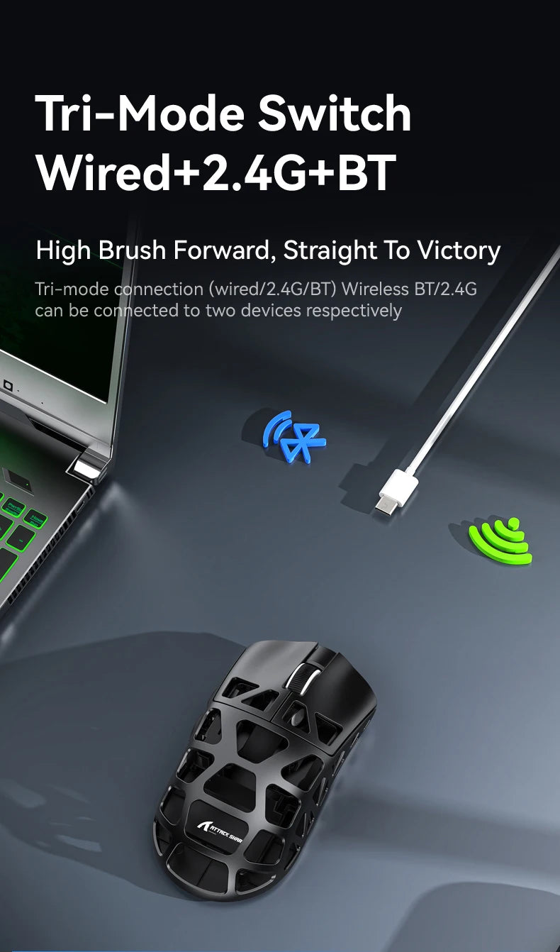 Mouse de gaming ATTACK SHARK R3 din aliaj de magneziu cu structură tip fagure, ultra-ușor, 8K Hz, senzor PAW3395, 26000 DPI, carcasă ergonomică