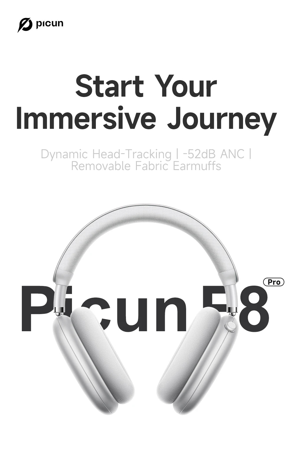 Auriculares inalámbricos Picun F8 Pro ANC con seguimiento de cabeza, audio espacial 3D, ANC -52dB, sonido HIFI, Bluetooth, micrófono HD ENC, baja latencia y APP