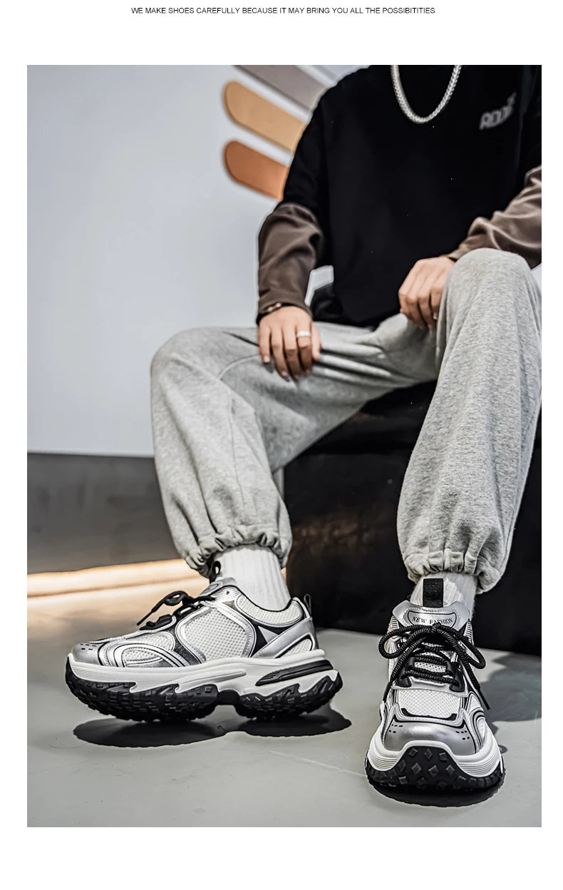 Unisex Trendy Chunky Dad Sneakers Silver Black Retro Couple Breathable Mesh Casual Platform Shoes