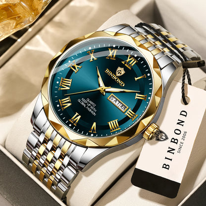 Orologio da polso di lusso al quarzo BINBOND Original Brand da uomo, luminescente, impermeabile, data automatica, indicazione del giorno della settimana, stile casual.