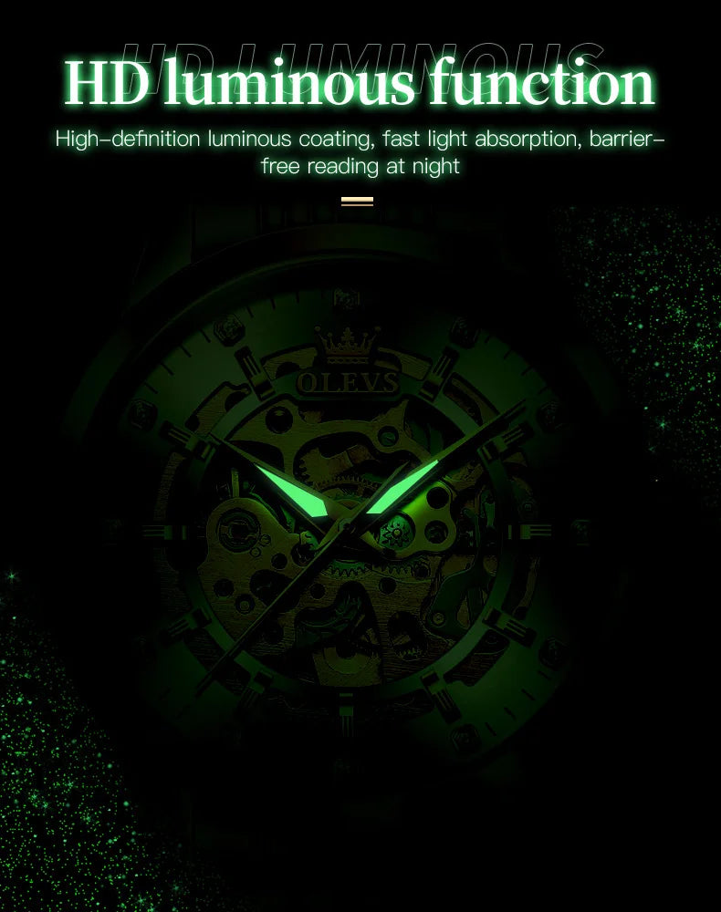 OLEVS Men's Watches Luxury Gold Skeleton Automatic Mechanical Wrist Watch for Man Waterproof Stainless Steel Luminous Business