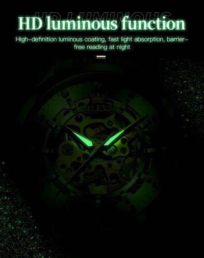OLEVS Men's Watches Luxury Gold Skeleton Automatic Mechanical Wrist Watch for Man Waterproof Stainless Steel Luminous Business