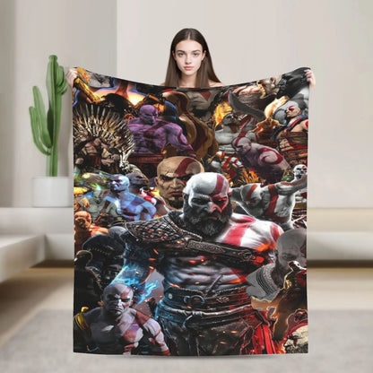 God of War Games Kratos Cartoon Flannel Blanket  Super Soft Throw Blanket for Couch Bed Travel Street Trend Bedspread Sofa Bed