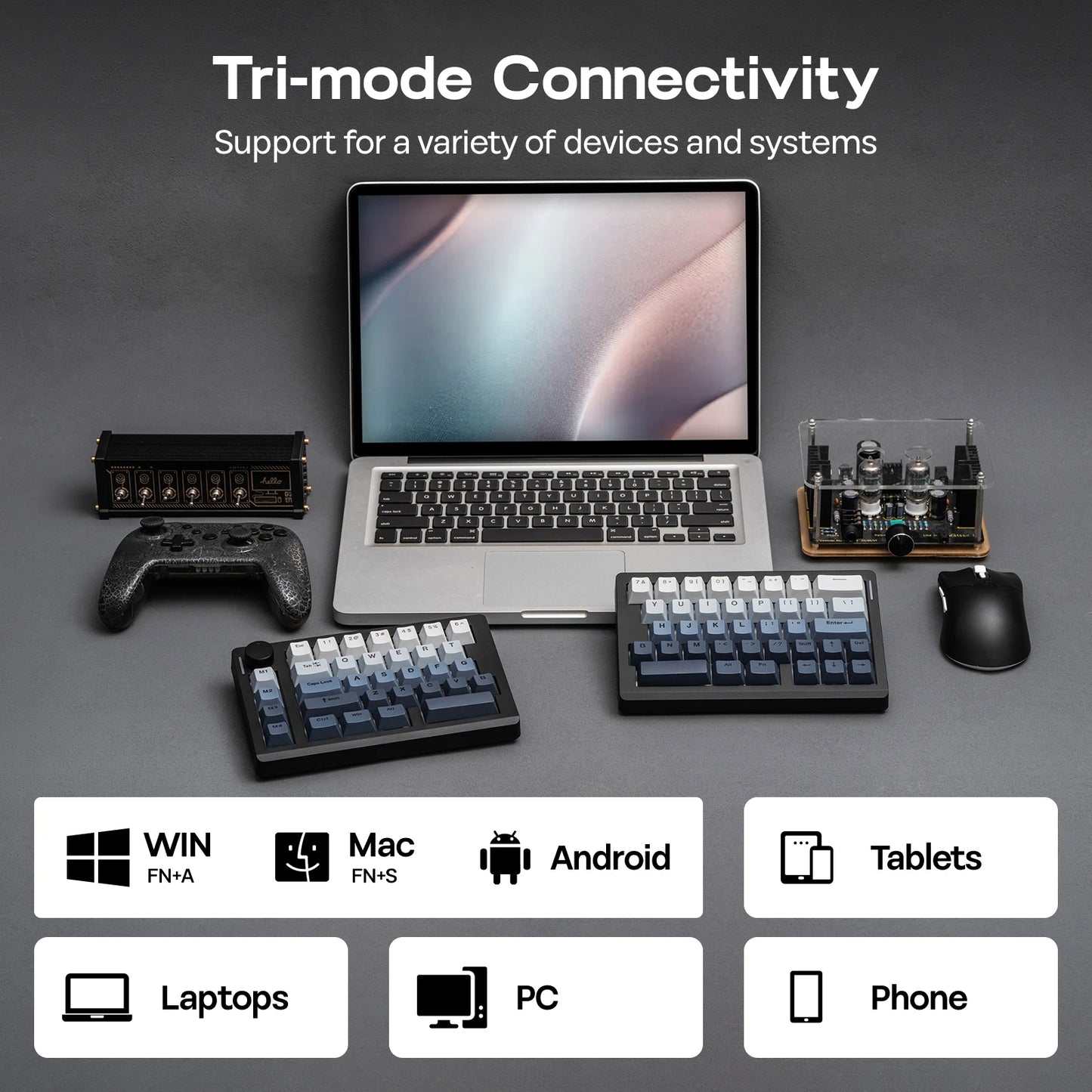 Tastiera meccanica EPOMAKER Split70 QMK/VIA 70% con layout split, connessione cablata/BT/2.4Ghz wireless, manopola programmabile e modificatori Mac