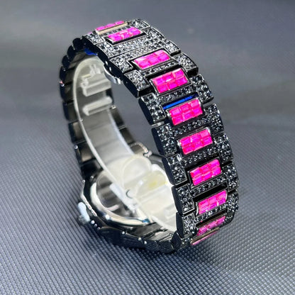 MISSFOX Luxury Watch For Men Rose Iced Out Diamond Hip Hop Quartz Waterproof Clock Men Square Diamond Male Watch 2026 New