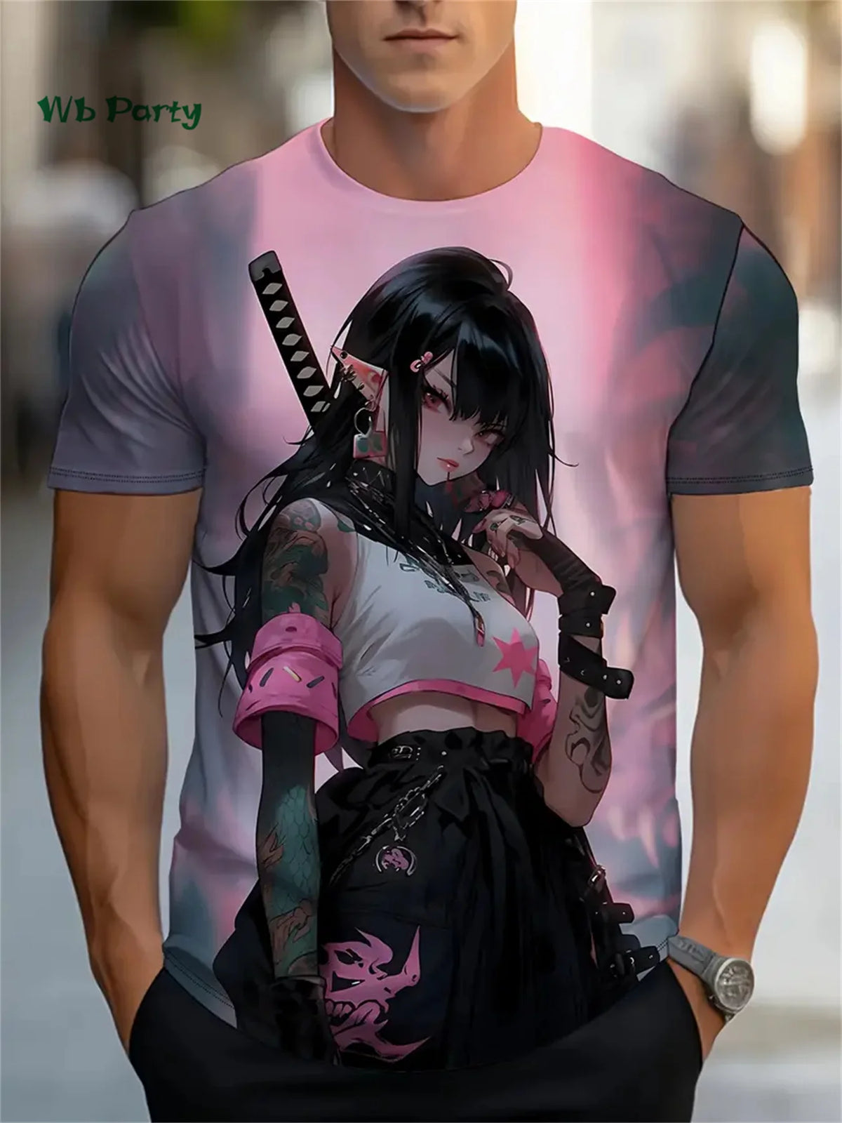 Maglietta da uomo con motivo Sakura Samurai - Maglietta a maniche corte ispirata agli anime giapponesi - Top Harajuku - Abbigliamento casual oversize estivo da uomo