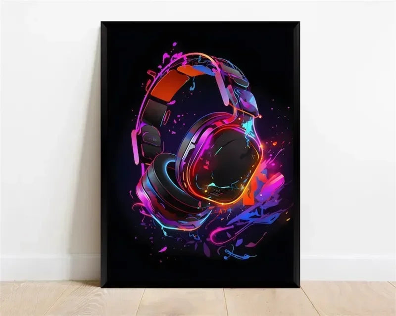 Póster Néon de Personagem de Videojogo com Gamepad, Auscultadores, Futebol e Basquetebol em Tela — Arte de Parede para Decoração de Quarto Gaming