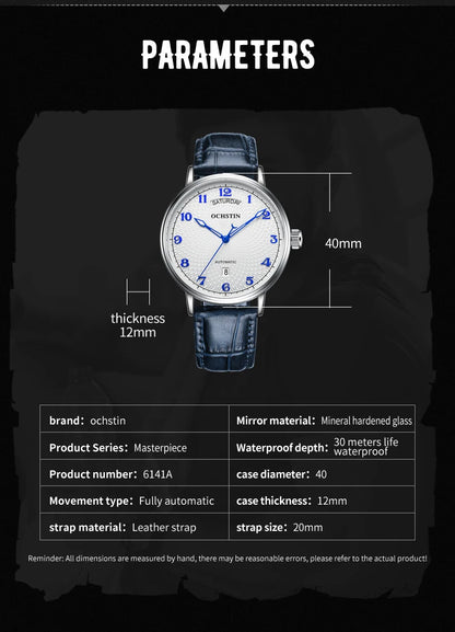 OCHSTIN Day Date Gents Watches 2025 Gift for Men Automatic Mechanical Business Wristwatches 40mm Analog Male Clock Leather Strap