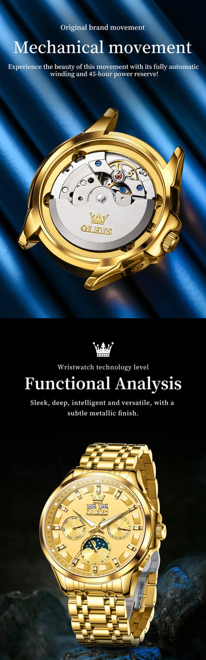 OLEVS 7070 Automatic Men's Watches Luxury Multi functional  Perpetual Calendar Moon Phase Luminous Mechanical Wristwatch For Man