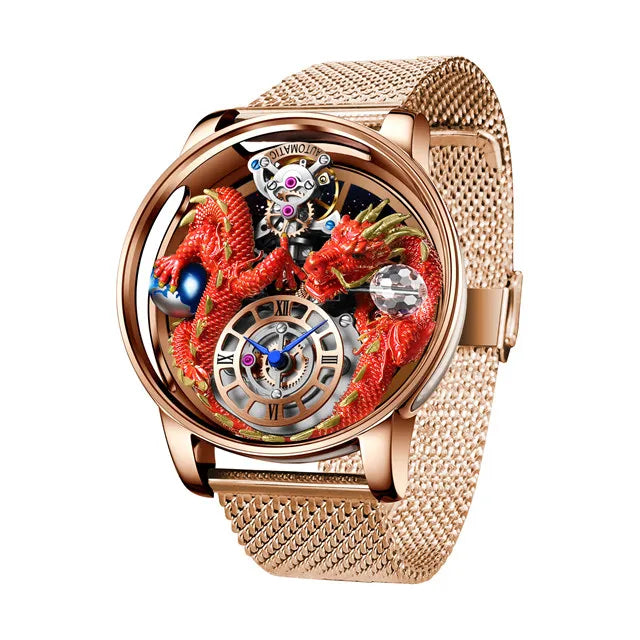 PINDU Design New 3D Dragon Earth Theme Quartz Watches Men Celestial Series Curved Mirror Transparent Design Watch Wristwatches