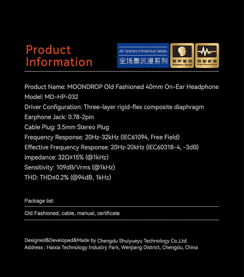 MOONDROP OLD FASHIONED On-Ear Headphone 40mm large dynamic driver 0.78-2pin 3.5mm Plug