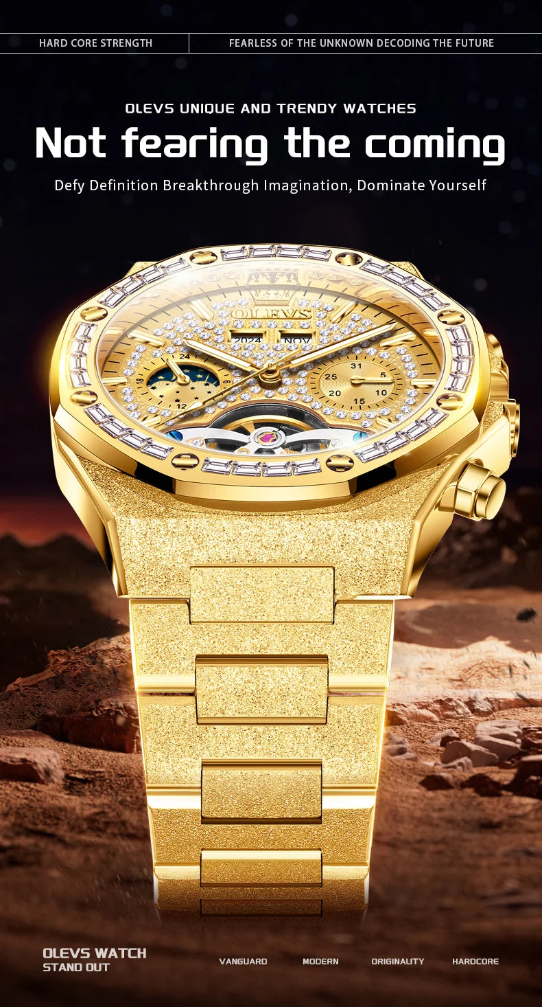 OLEVS 9805 Mens Watch Original Brand Tourbillon Automatic Mechanical Watch Diamond Dial Waterproof Moon Phase Watches For Men