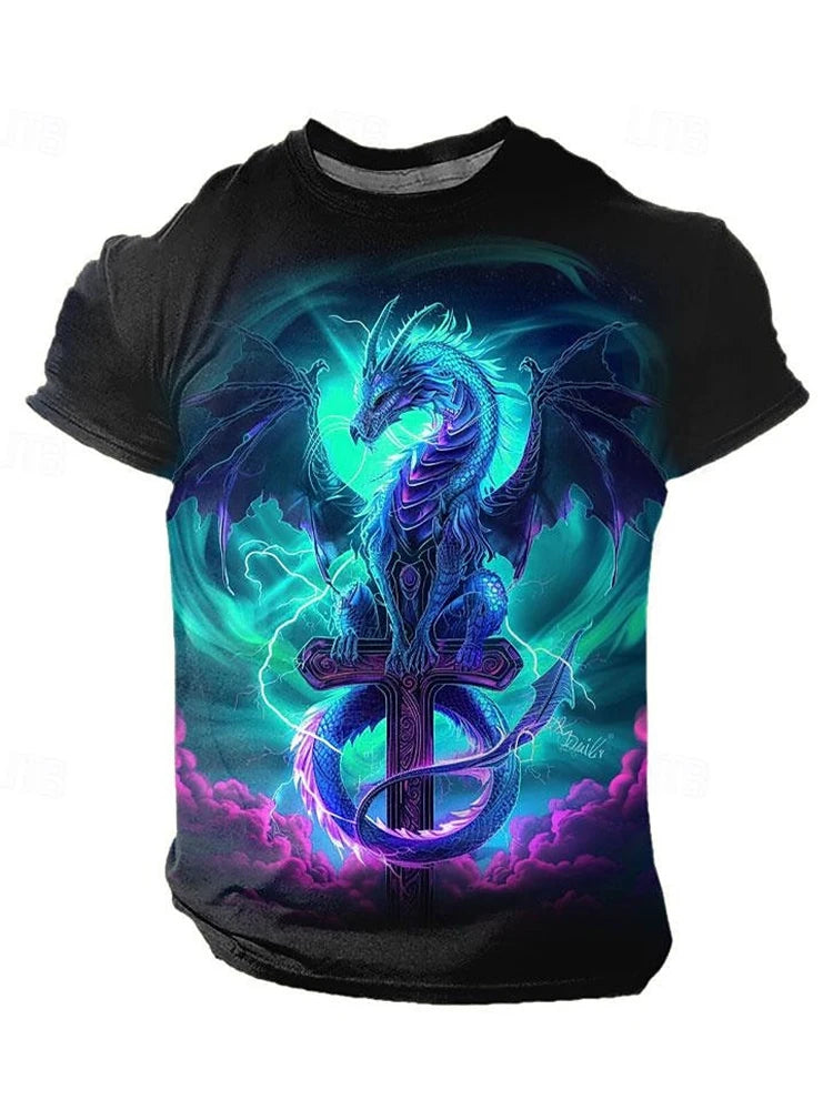 Camiseta de hombre con estampado de dragón 3D, informal de verano para diario, camiseta urbana de hombre para deportes al aire libre, manga corta, moda urbana