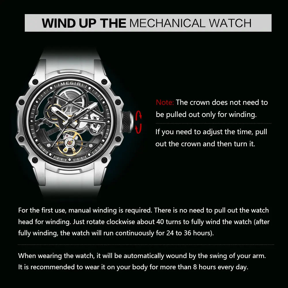 MEGIR Skeleton Dial Automatic Mechanical Watch Men Stainless Steel Case Waterproof Luminous Sport Wristwatch with Silicone Strap