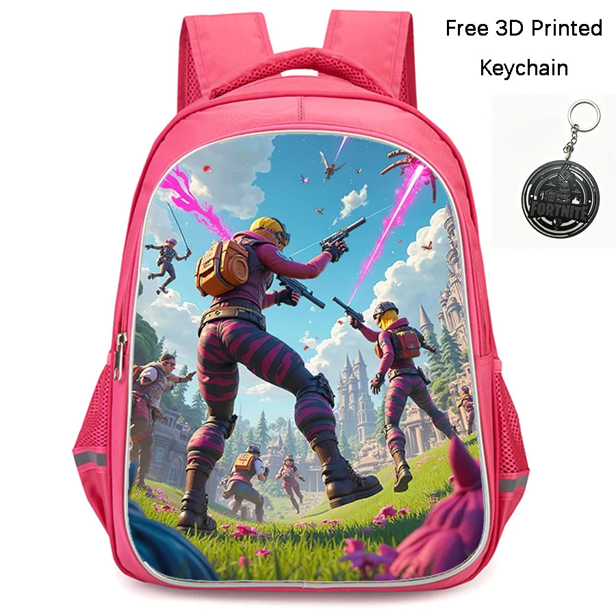 FORTNITE 16-inch Durable Lightweight Backpack, Dual Zipper Pockets, Cartoon Style for Boys & Girls 6-10,Free 3D Printed Keychain