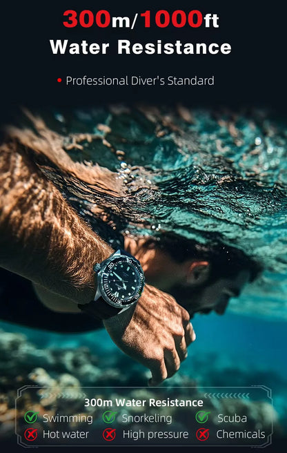Stainless Steel Diving Watch Solar Energy Driven Quartz Watch Outdoor Waterproof Long Battery Life Rotatable Chronograph Ring
