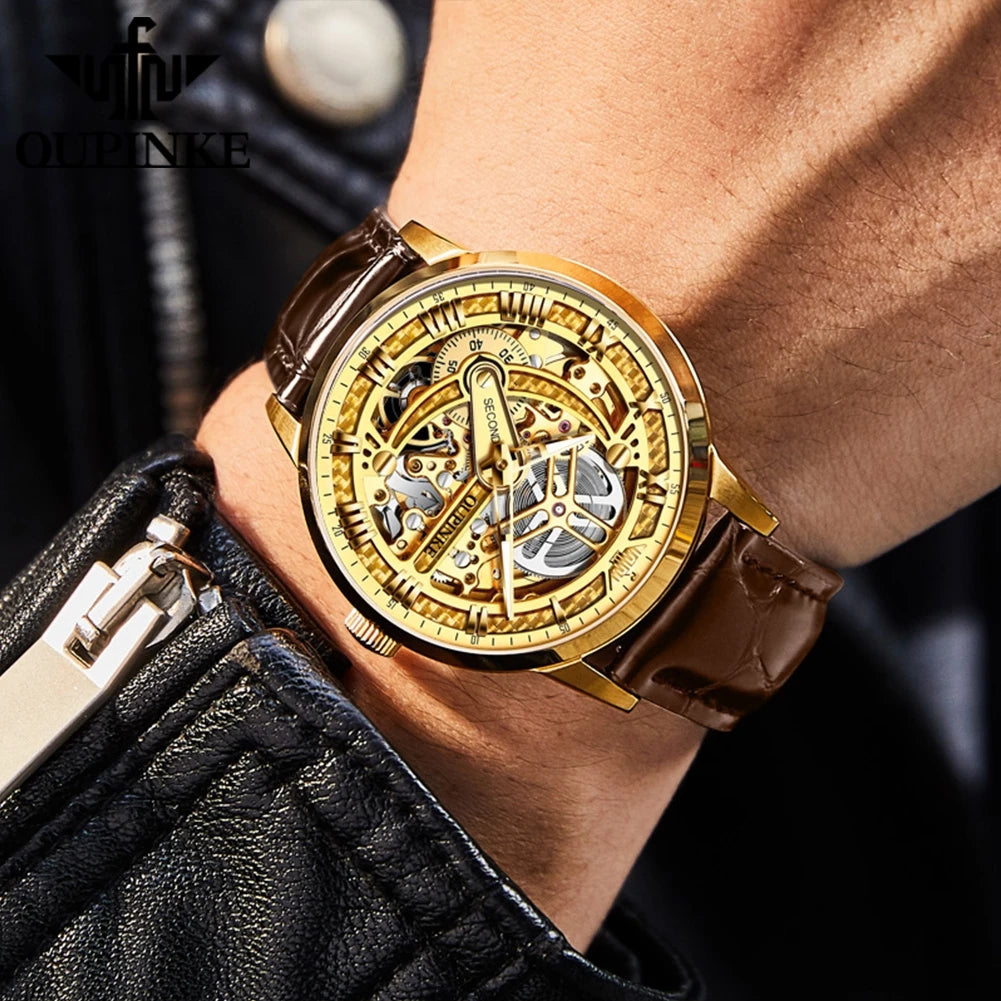 OUPINKE 3173 Skeleton Automatic Mechanical Watch Luxury Brand 50M Waterproof Watch Leather Strap Mens Watch Box Gifts Reloj