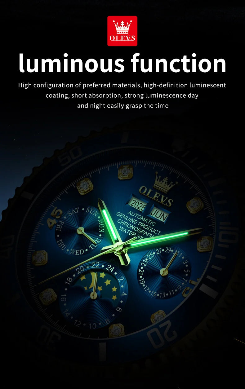OLEVS 6729 Original Men's Watches Stainless Steel Waterproof Luminous Date Week Moon Phase Automatic Mechanical Watches for Man