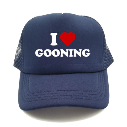 Juokingos „I Love Gooning“ beisbolo kepurės. Šaunios vasarinės vyriškos tinklinės kepurės. Humoro kupinos „Trucker“ stiliaus kepurės. Unisex lauko tinklinės kepurės MZ-080