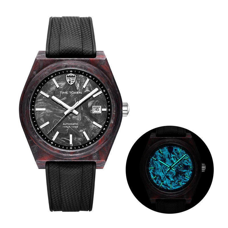 TIME TOKEN Nuevo reloj de buceo de 40mm de fibra de carbono luminosa para hombre, reloj mecánico automático de lujo con calendario, cristal de zafiro y resistencia al agua de 100m