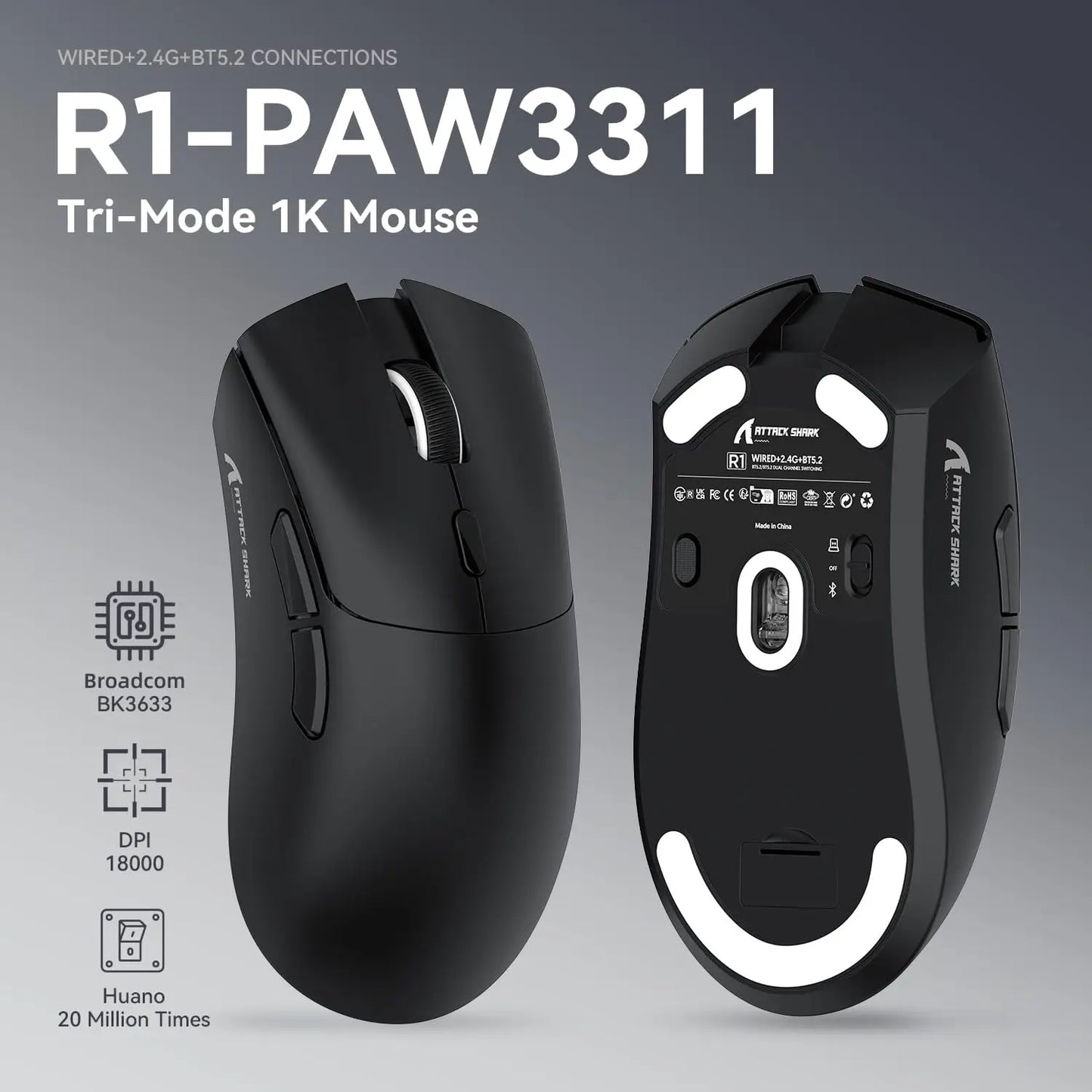 ATTACK SHARK R1 59g SUPERLIGHT Mouse, PixArt PAW3311 Gaming Sensor,  6 Adjustable DPI up to 18000, 65 Hrs Battery, G502