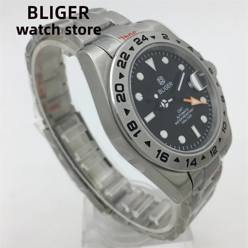 BLIGER 40mm/43mm Japan NH34 GMT Men's mechanical watch green luminous white dial sapphire glass stainless steel strap