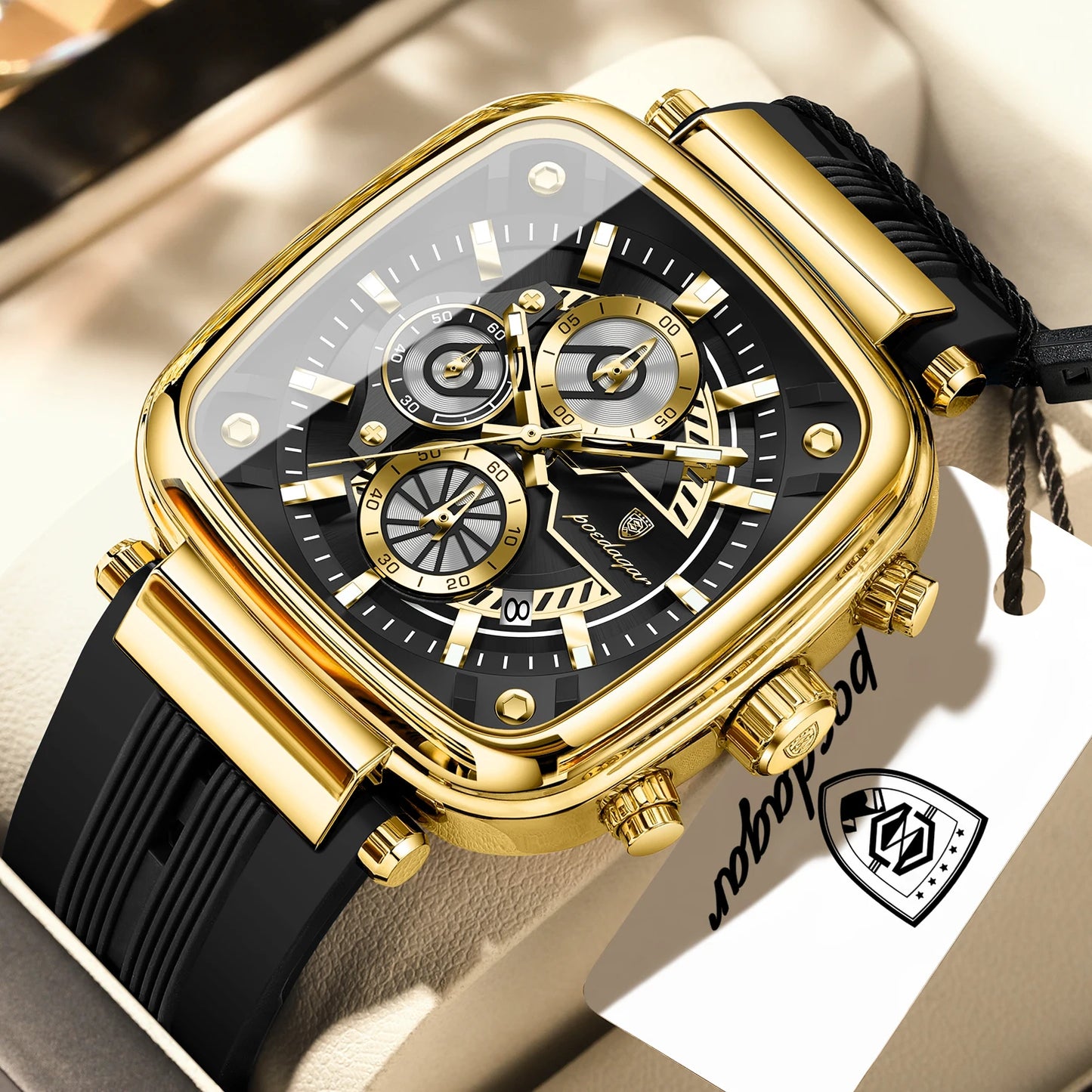 POEDAGAR Square Sport Man Wristwatch Date Waterproof Luminous Chronograph Watch For Men Silicone Strap Men's Quartz Watches Male