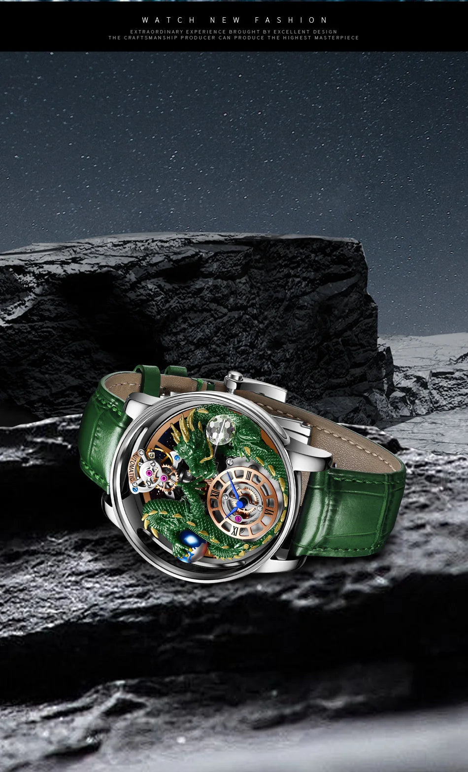 PINDU Design Celestial Body Series Traditionnelle Artisanat Three Dimensional Dragon Men Watch Curved Mirror Transparent Globe