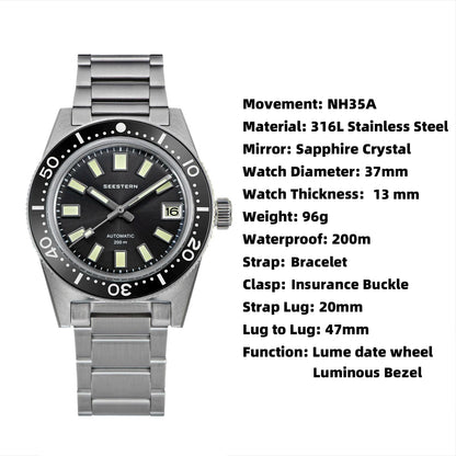 SEESTERN 62MAS Diving Watch Men Automatic Mechanical Wristwatch Luminous Bezel Waterproof NH35 Movement Sapphire Glass Bracelet