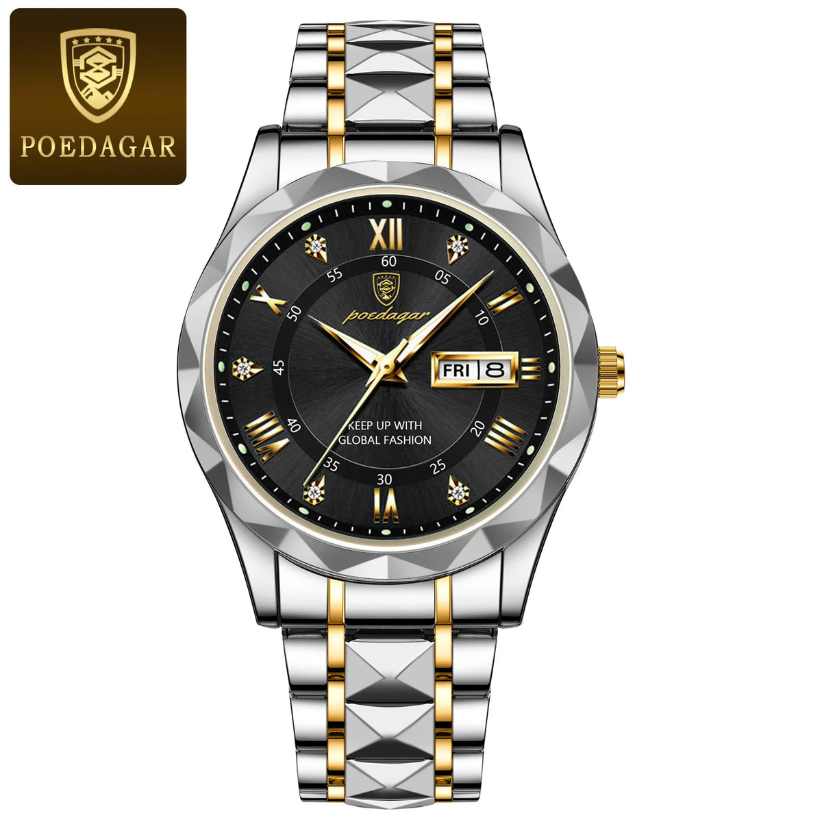 Мъжки часовник POEDAGAR Business Luxury, водоустойчив, от неръждаема стомана, със светещ циферблат, с дата и ден от седмицата, спортен стил, кварцов.
