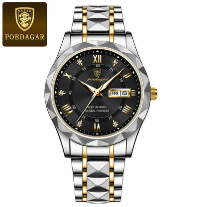 Мъжки часовник POEDAGAR Business Luxury, водоустойчив, от неръждаема стомана, със светещ циферблат, с дата и ден от седмицата, спортен стил, кварцов.
