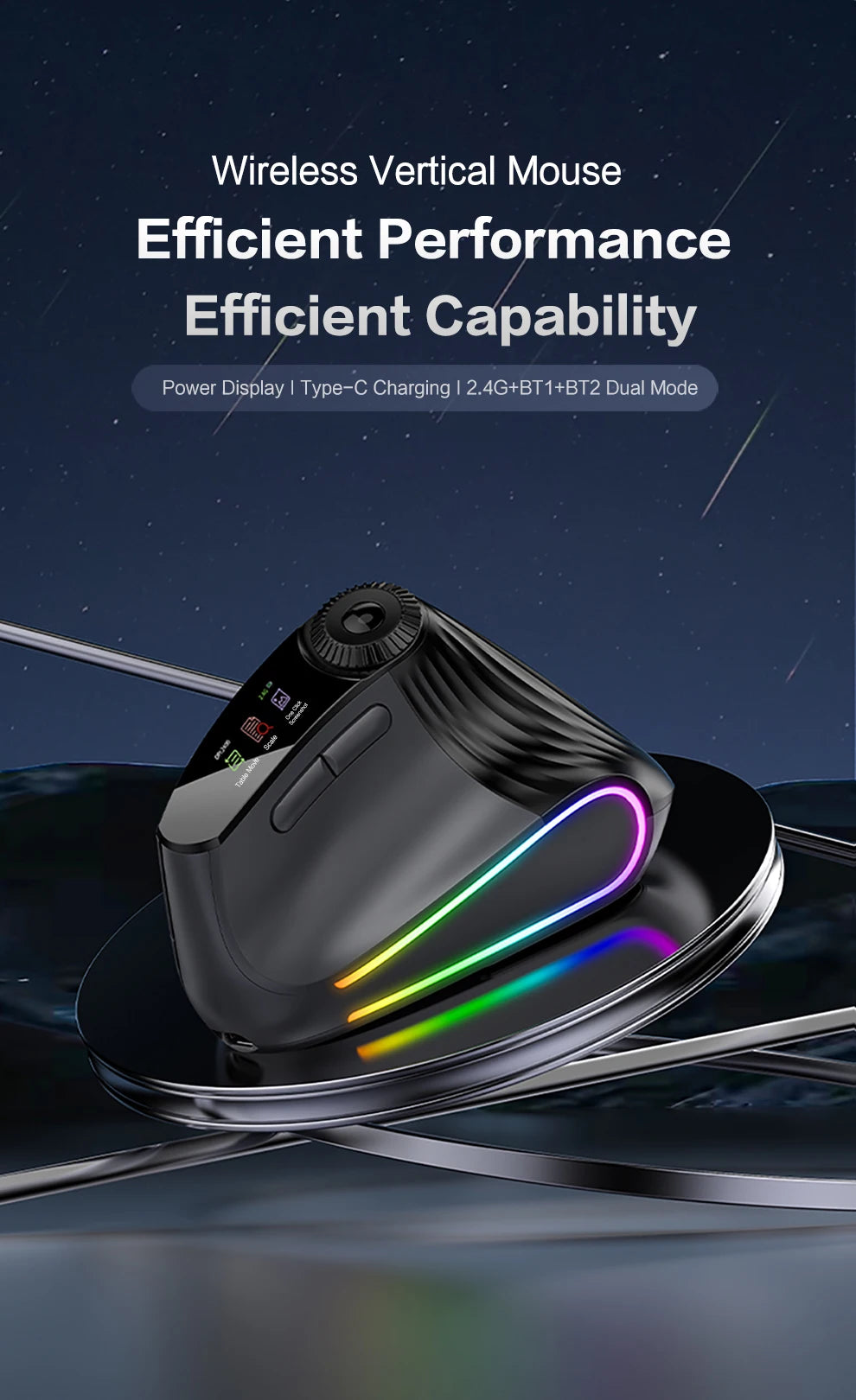 Jomaa RGB Backlit Speed Roller Wireless Vertical Mouse with Function Adjustment Knob Bluetooth USB Ergonomic Mice Slient Click