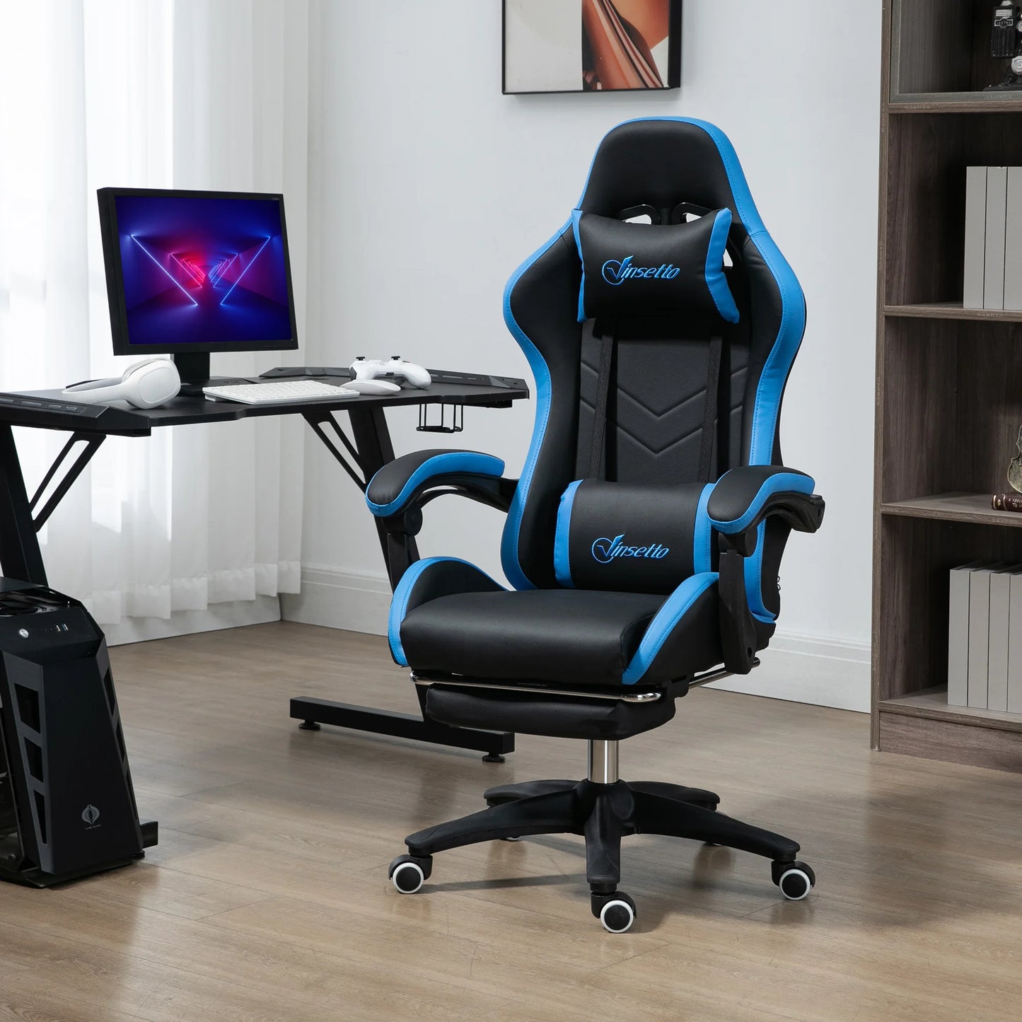 Ergonomic Gaming Chair with Footrest, Lumbar Support Cushion, Adjustable Height, 135° Reclining Computer Gaming Chair for Office & Home