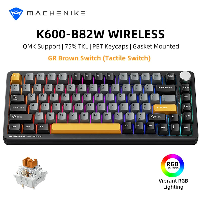 Teclado mecánico Machenike K600-B82W Tri-Modos con montaje gasket, diseño ANSI 75%, retroiluminación RGB y conexión inalámbrica para gaming