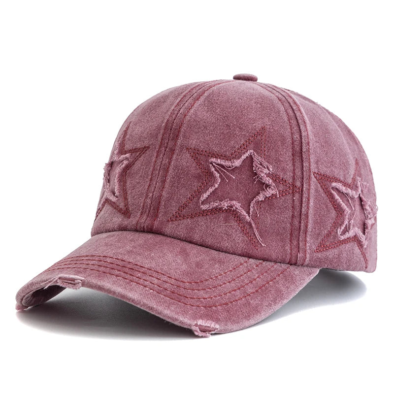 New Women's Five Pointed Star Design Washed Cotton Baseball Cap Fashion Street Dad Hat