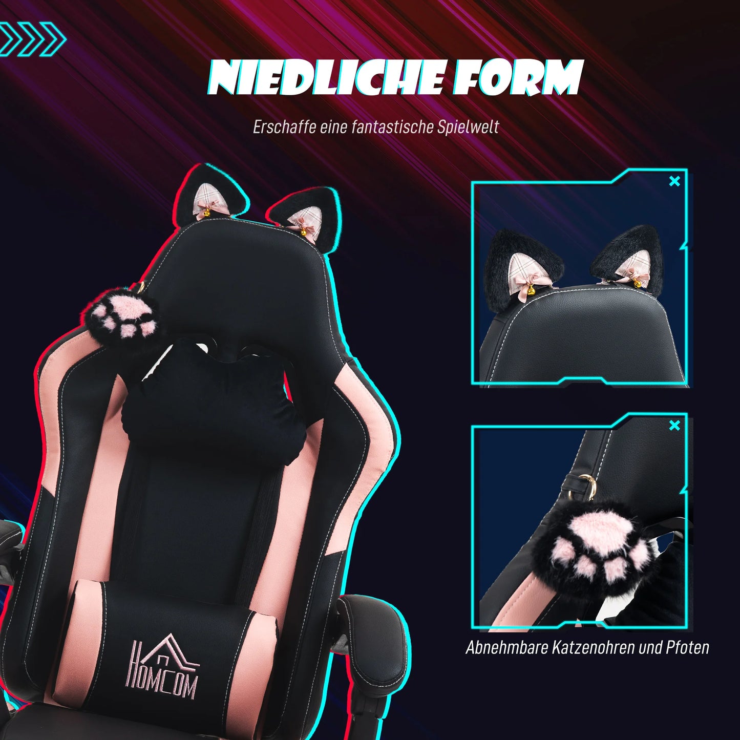 Gaming Chair with Cat Ears Ergonomic Office Chair, Reclining Gaming Chair with Footrest, Adjustable Height Computer Gaming Chair, PU Leather Gaming Chair for Home Office
