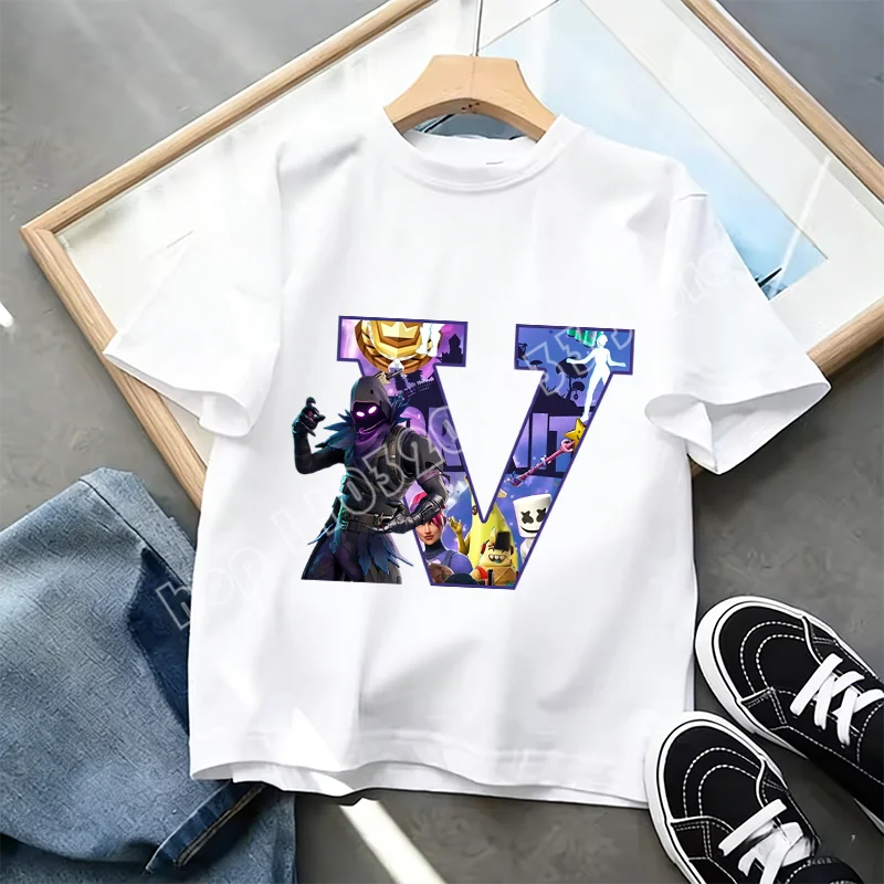 T-shirt Infantil Branco Fortnite com Estampado Alfabeto A-Z — Roupa de Verão, Jogo de Desenhos Animados Popular, Manga Curta Casual, Presente de Moda