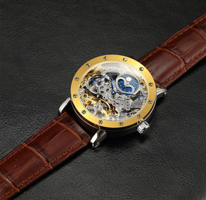 Relógio de pulso mecânico automático SKROX para homem, modelo esqueleto com função GMT, fase lunar e turbilhão – Relógio de luxo de alta gama, elegante e original.