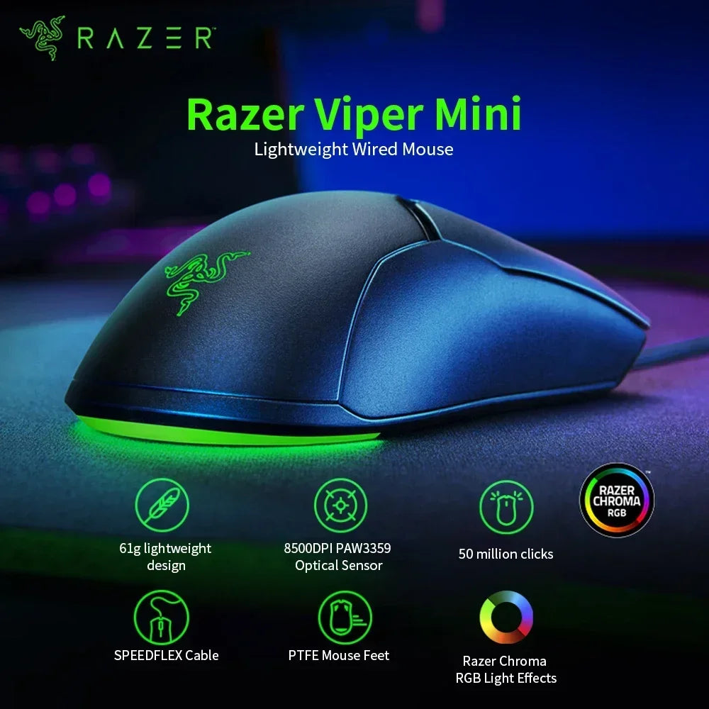 Razer Regalo de Año Nuevo Thunder Snake Viper Mini Ratón Gaming Esports con Cable para Ordenador y Portátil, Luz RGB, para Manos Pequeñas