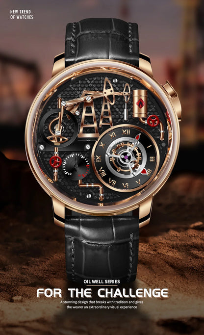 PINDU NEW TOP Quartz Watches Button oil Pump Business Men Wristwatches 45.5MM Sapphire Mirror Waterproof Leather Watch for Men