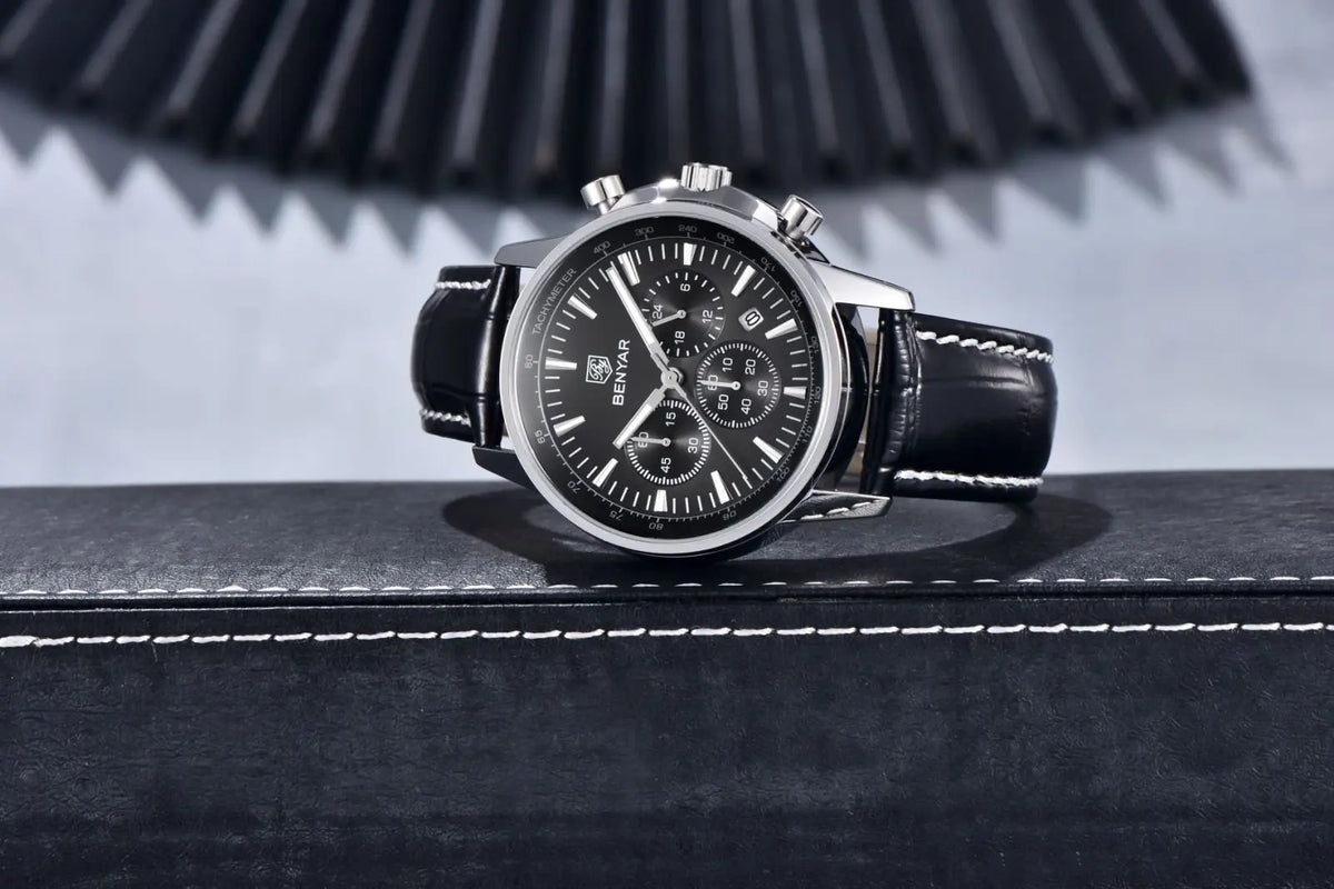 Relógio de luxo para homem Benyar – Cronógrafo com data, bracelete em pele, estanque, luminescente, estilo desportivo e militar, relógio de quartzo
