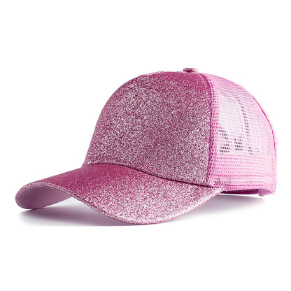 Letnia czapka z daszkiem z brokatem, z wysokim karkiem, damska czapka typu snapback, czapki typu trucker z siateczką w kolorach czarnym, białym i różowym dla kobiet Gorra