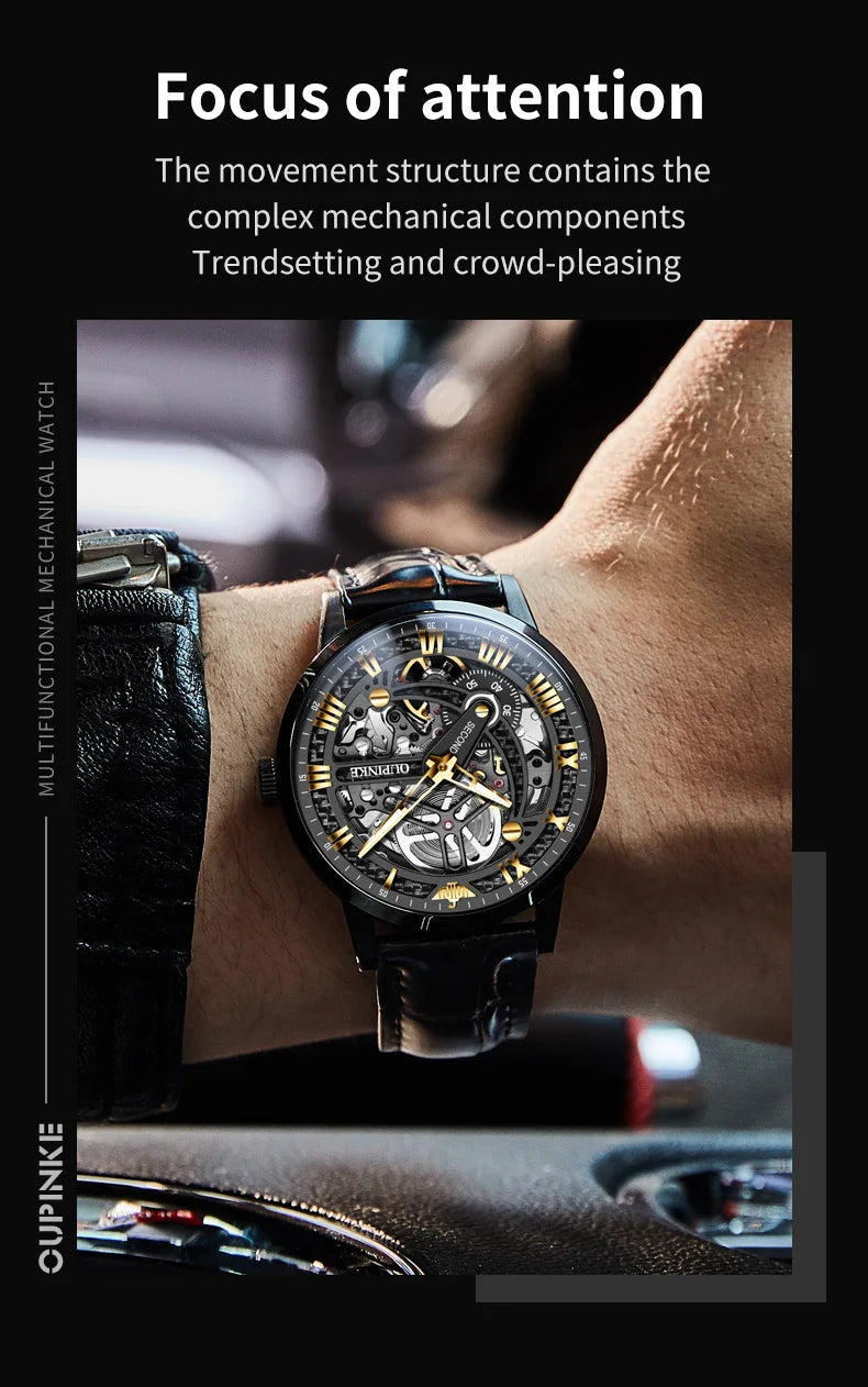 OUPINKE 3173 Skeleton Automatic Mechanical Watch Luxury Brand 50M Waterproof Watch Leather Strap Mens Watch Box Gifts Reloj