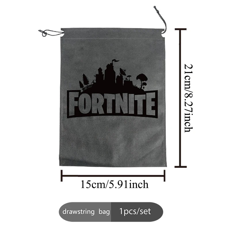 Fortnight témájú sorozat fekete/ezüst kis zsinóros táska, hordozható tároló, rajzfilmes zseb, ajándék születésnapi parti dekorációhoz