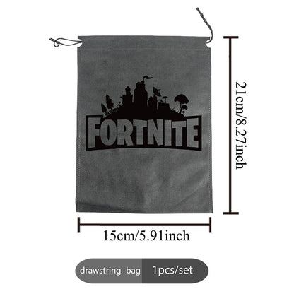 Fortnight témájú sorozat fekete/ezüst kis zsinóros táska, hordozható tároló, rajzfilmes zseb, ajándék születésnapi parti dekorációhoz