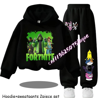 Sweats com Capuz Infantis Estampadas Fortnite, Conjunto Cartoon Confortável de 2 Peças, Tops Largos de Manga Comprida com Calças, Roupa de Outono/Inverno, Presente