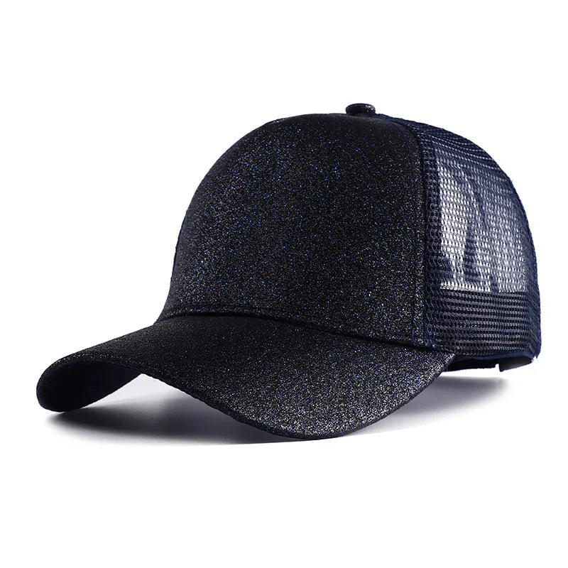 Letnia czapka z daszkiem z brokatem, z wysokim karkiem, damska czapka typu snapback, czapki typu trucker z siateczką w kolorach czarnym, białym i różowym dla kobiet Gorra