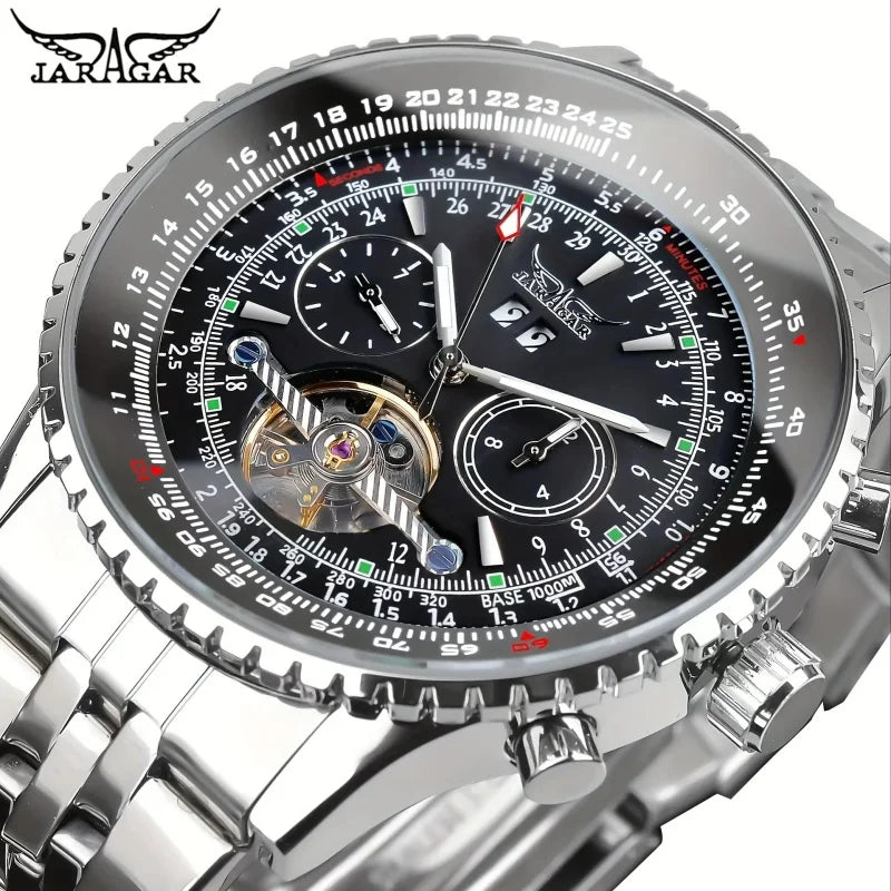 Relógio mecânico automático retro de luxo JARAGAR 034, turbilhão, esqueleto oco, aço inoxidável, calendário semanal, relógio para homem